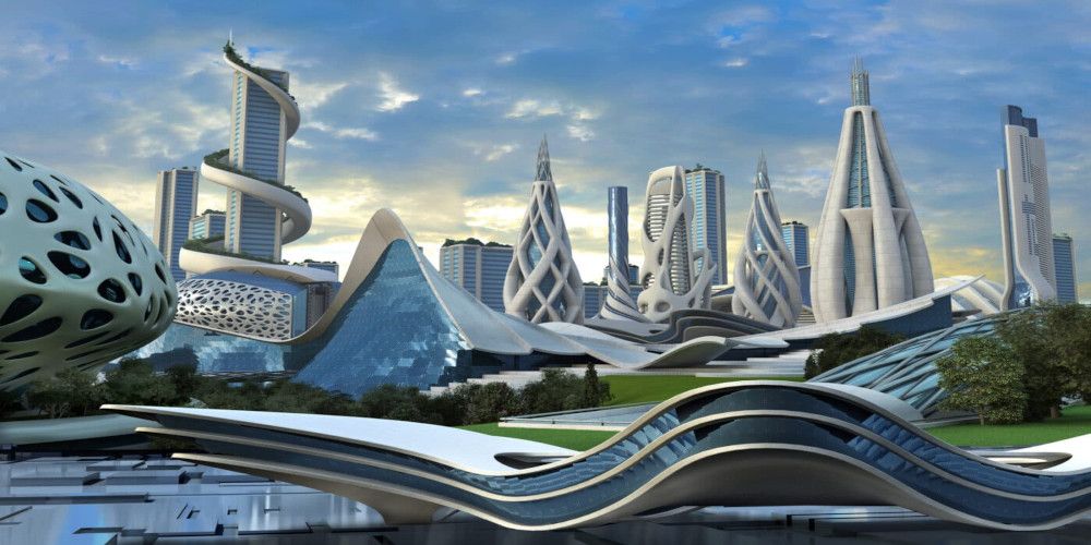 Solarpunk city near the sea