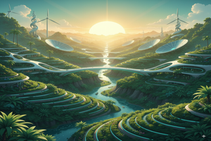 A visionary Solarpunk landscape at sunrise, where lush green architecture and harmonious technology blend together in a hopeful, cooperative future.