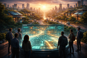 A group of people interacts with a transparent interface showing flows of resources across a city, where some connections are breaking while new pathways emerge, with automated systems operating in the background and cooperative urban spaces forming in the distance. people gather in a plaza below.