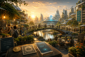 A dawn-lit Solarpunk city with a pedestrian bridge, community marketplace, and green architecture. Subtle symbols of gold, paper money, and digital payments represent the evolution of trust from scarcity to institutions and protocols in a cooperative post-labor future.