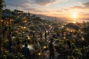 A realistic Solarpunk community at dawn, with people connected through a glowing network of mutual trust amid lush gardens and renewable-energy infrastructure