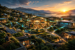 A sustainable cooperative community connected by solar energy, shared resources, and glowing networks at dawn