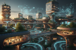 A Solarpunk cityscape at golden hour, where digital networks and cooperative communities intertwine through transparent architecture, symbolizing DAOs as the foundation of a post-labor mutualist future.