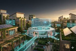 A futuristic digital agora where translucent data streams and green vines intertwine, representing the merger of nature, community, and open-source code in a Solarpunk commons.