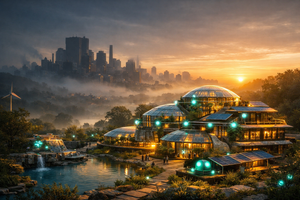 A wide-angle solarpunk scene showing an industrial city fading into the distance as a cooperative, nature-integrated hub emerges in the foreground at dawn.