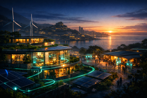 A solarpunk coastal city at dawn with terraced glass buildings covered in greenery, rooftop solar panels and wind turbines, and a central energy hub overlooking the sea as people gather in a plaza below.