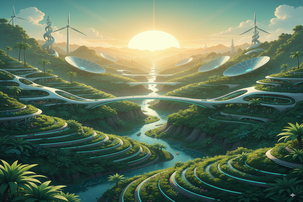 A visionary Solarpunk landscape at sunrise, where lush green architecture and harmonious technology blend together in a hopeful, cooperative future.