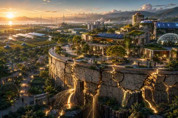 Realistic solarpunk city at dawn with abundant automated production in the background and subtle cracks in the stone foundation beneath the community, symbolizing hidden weaknesses in the money system