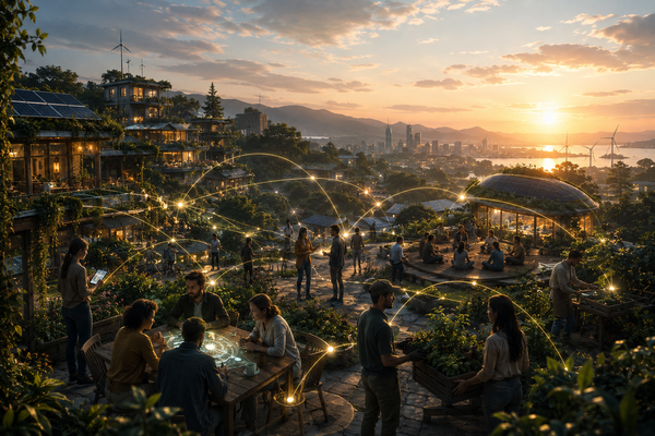 A realistic Solarpunk community at dawn, with people connected through a glowing network of mutual trust amid lush gardens and renewable-energy infrastructure