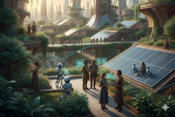 A futuristic Solarpunk city at dawn where humans and robots collaborate among green architecture, symbolizing harmony between technology, nature, and community in a post-labor world.