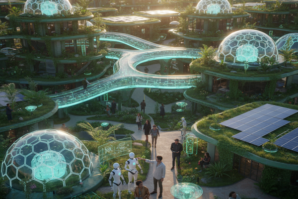 A realistic Solarpunk cityscape at dawn where humans and robots collaborate across interconnected communities linked by luminous bridges, symbolizing cooperation, digital mutualism, and shared abundance in a near-future world.