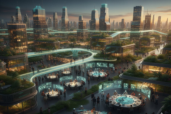 A realistic Solarpunk network city illuminated at dusk, where digital cooperatives and DAO infrastructures connect neighborhoods through glowing bridges symbolizing transparency, reciprocity, and shared governance.