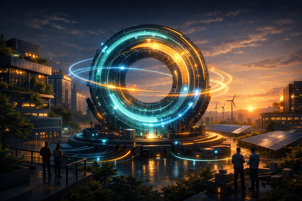 A dawn-lit Solarpunk city optimized for dark mode, centered around a glowing circular intelligence flywheel composed of teal, gold, and blue layers. The flywheel connects renewable energy systems, data centers, and green architecture, symbolizing AI exponentials, cooperative infrastructure, and the engine of abundance in a near-future city.